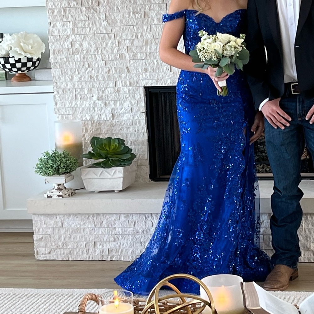 Sherri Hill Royal Blue Off-Shoulder Sequin Prom Gown